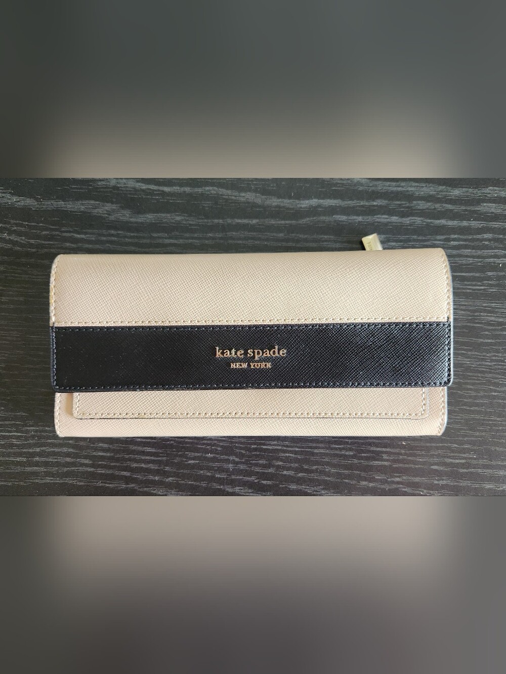 kate spade Beige Wallet with Black Accent and Gold Logo EUC